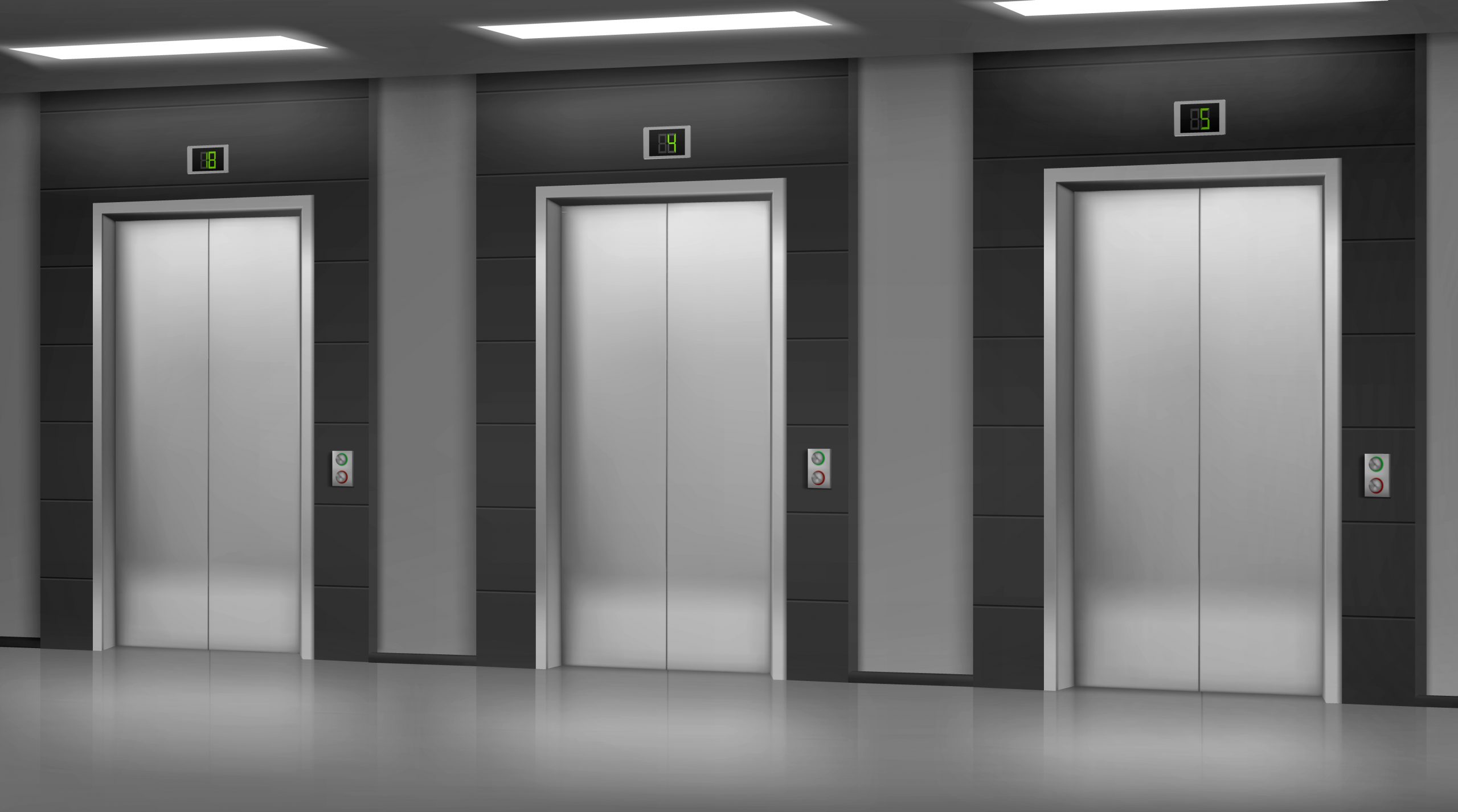 Steel elevator with closed doors in hallway